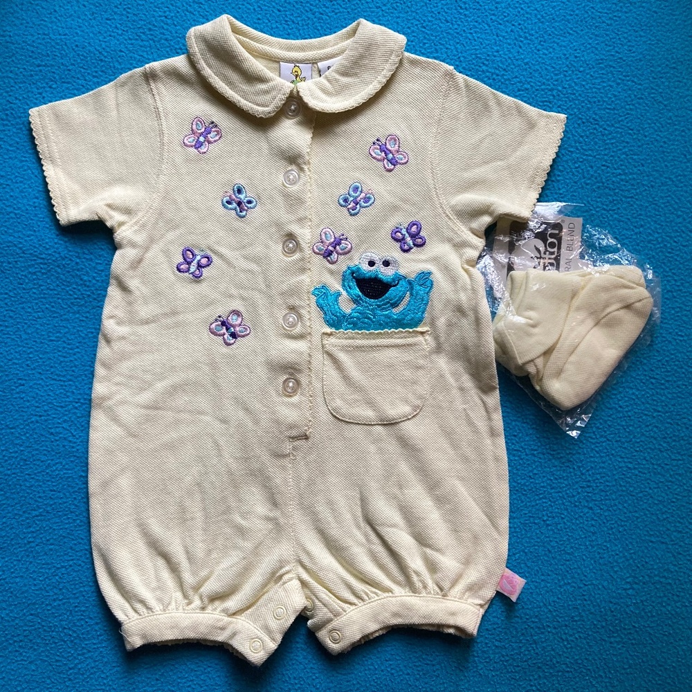 Vintage Sesame Street Baby Cookie Monster yellow romper